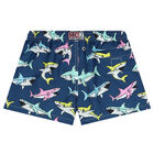 Boys Navy Blue Sharks Swim Shorts, 1, hi-res